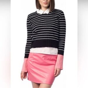 Zara Black & White Striped Long Sleeve Pullover With Pink Sleeves. Size M